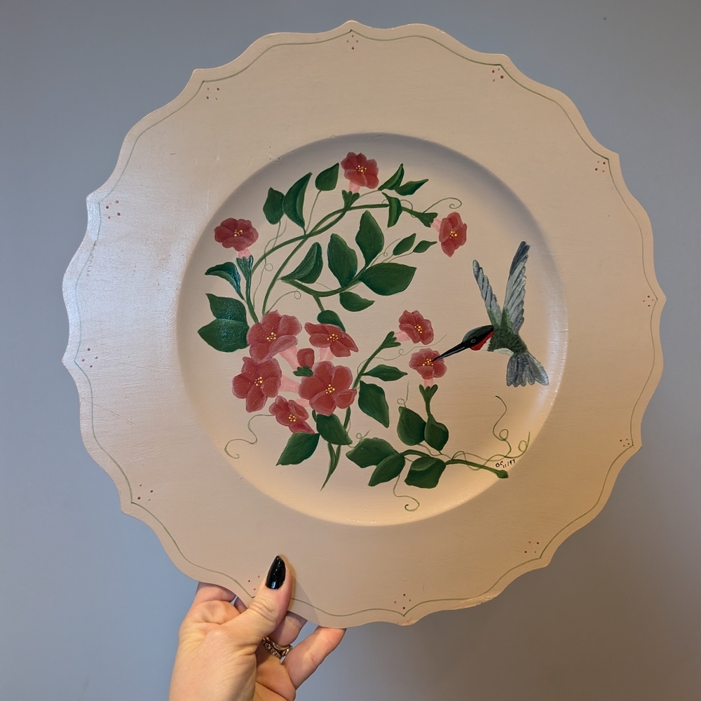 Hand-Painted Floral Plate with Hummingbird